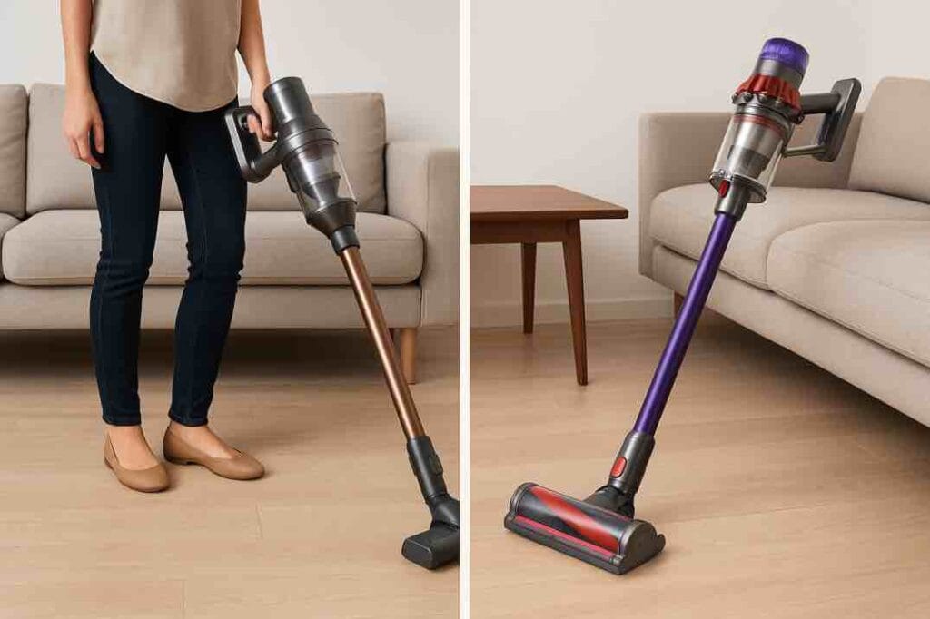 Ihminen vertailee kahta varsi-imuria olohuoneessa – toinen edullinen ja toinen premium-malli vierekkäin puulattialla.