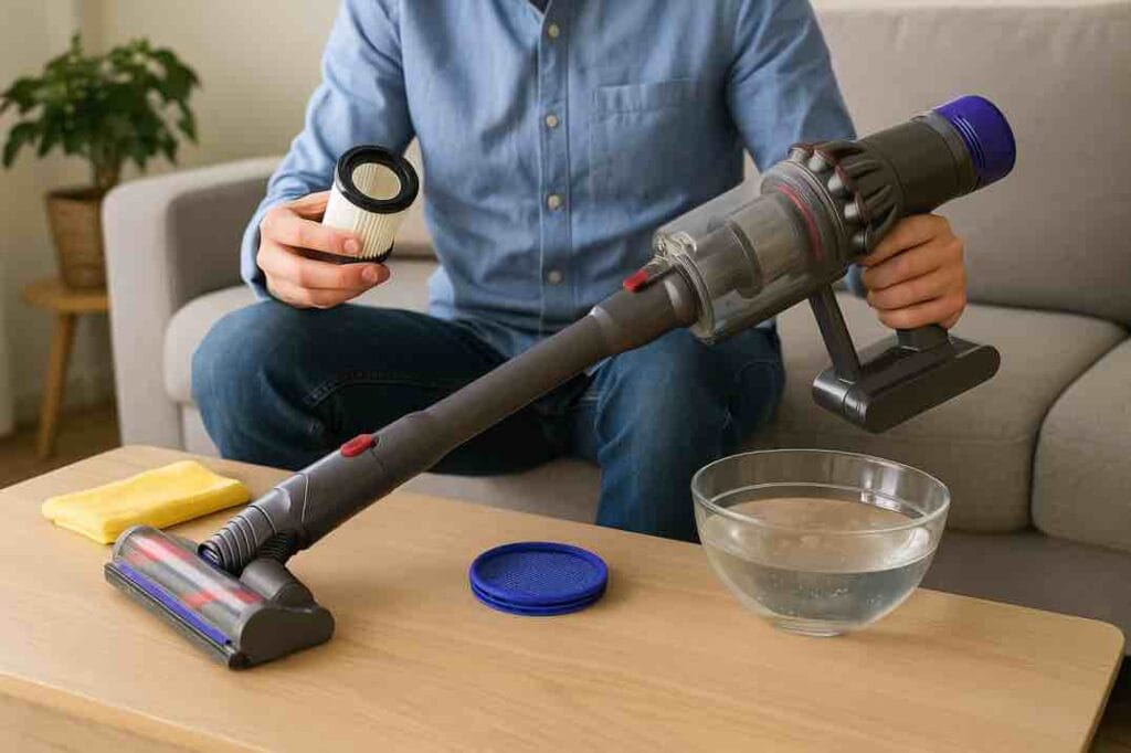Henkilö huoltaa varsi-imuria ja puhdistaa suodattimen käyttöiän pidentämiseksi.